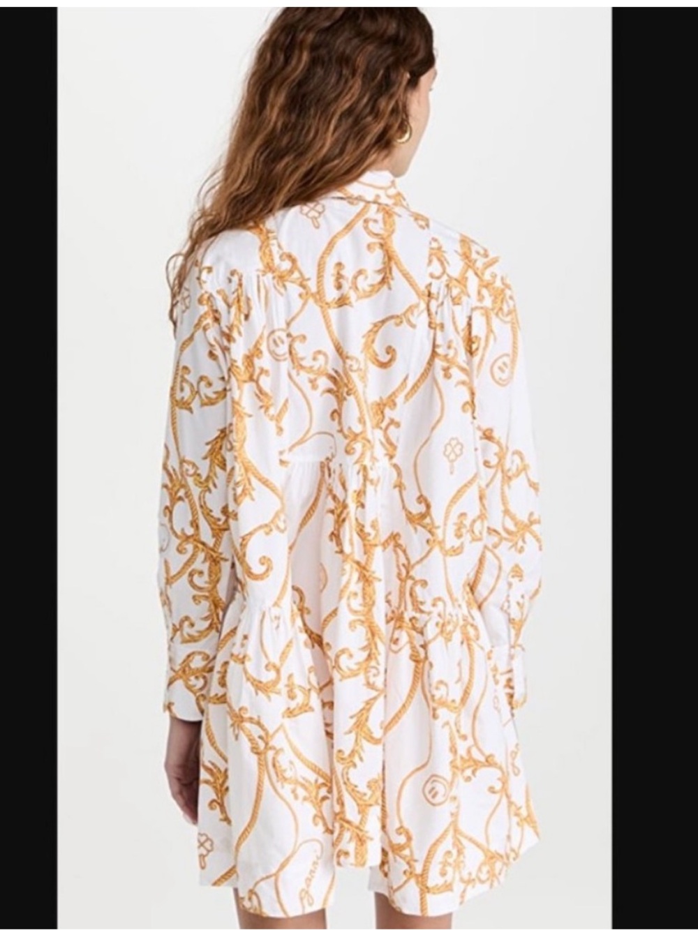 Ganni Printed Cotton Poplin Gathered Panel Wide Mini Shirt Dress size 40/US 6-M - Picture 3 of 10